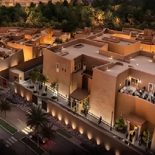Detailed LOD 350 Revit BIM model cross-section of luxury suites and guest lounges showing architectural finishes and interior coordination layouts for the Diriyah Gate development