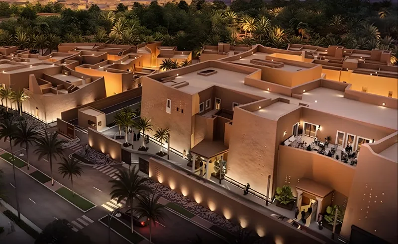 Detailed LOD 350 Revit BIM model cross-section of luxury suites and guest lounges showing architectural finishes and interior coordination layouts for the Diriyah Gate development