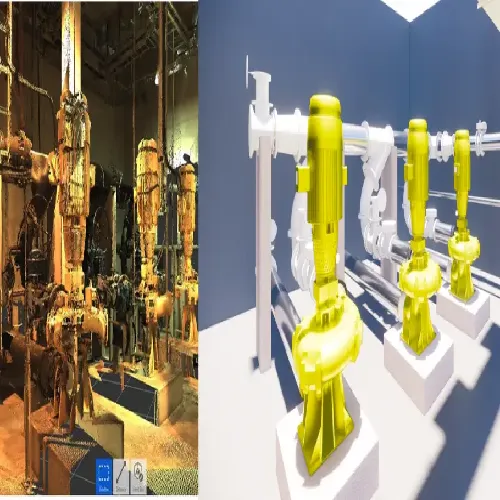 High-fidelity Revit MEP model converted from point cloud laser scan data showing detailed pump stations, valves, flanges, and complex overhead piping networks